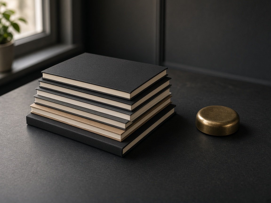 Stacked notebooks and brass paperweight on a study desk