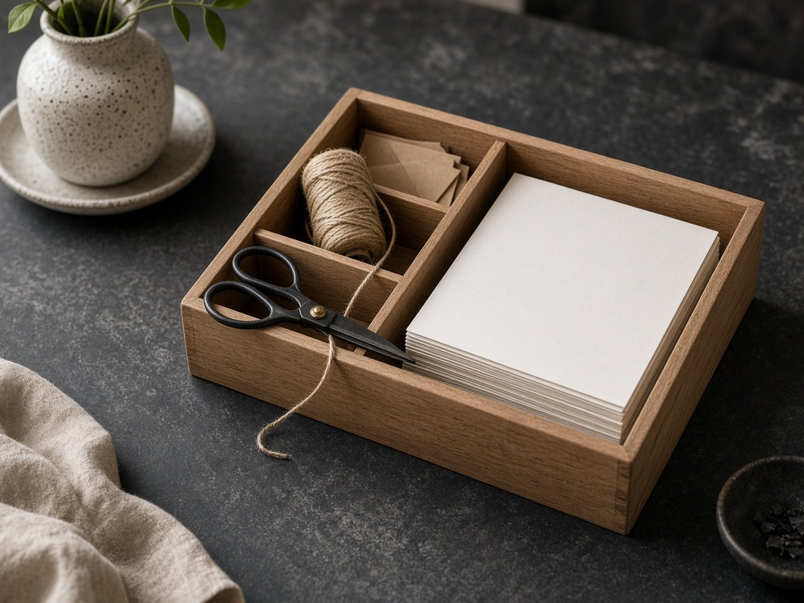 Desk organizer with blank cards and twine