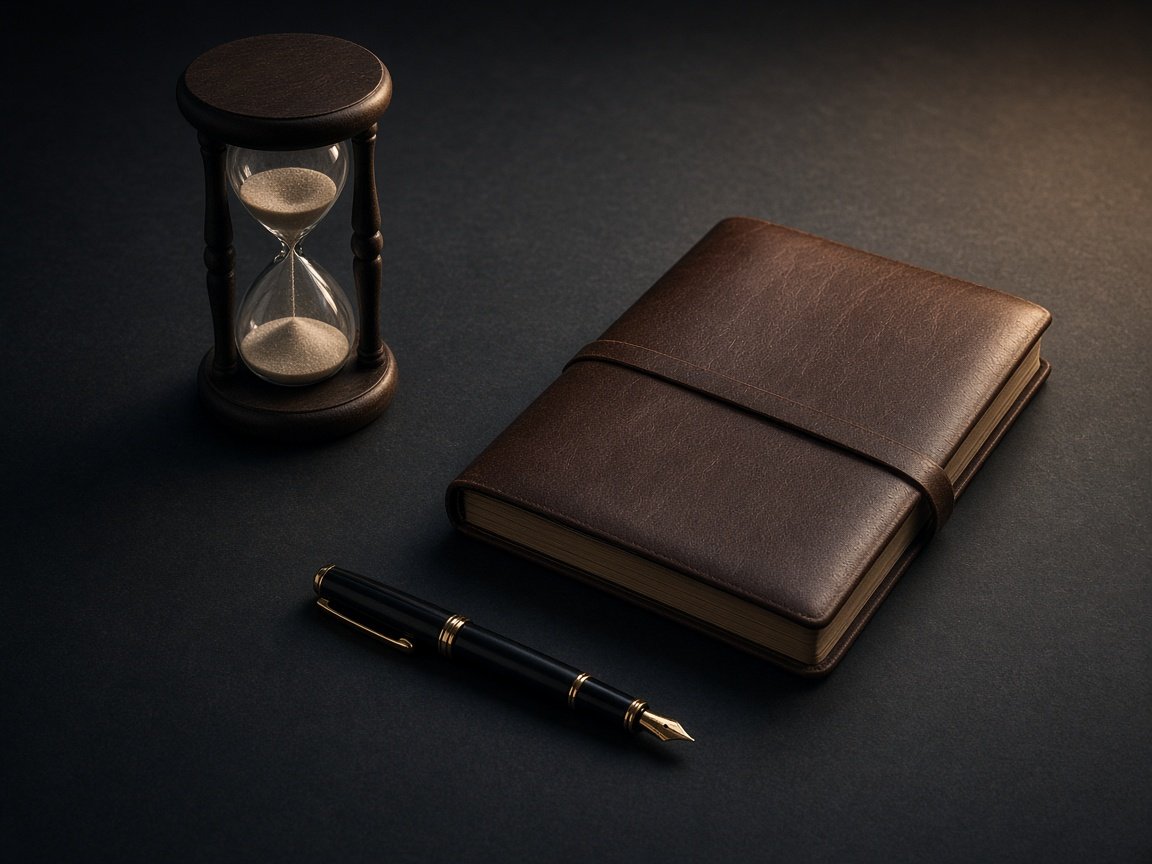Hourglass, leather journal, and fountain pen on a charcoal desk